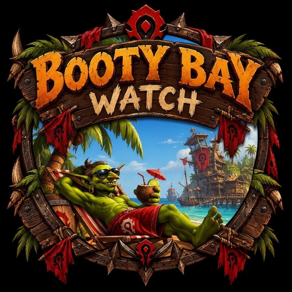 Booty Bay Watch crest — Horde goblin on tropical watch